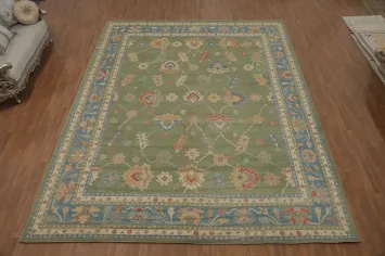 Green Floral Wool Oushak Turkish Large Rug 12x15