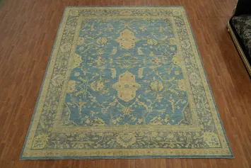 Handmade Blue Oushak Vegetable Dye Large Rug 12x15