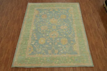 Vegetable Dye Blue Floral Oushak Turkish Area Rug 9x12