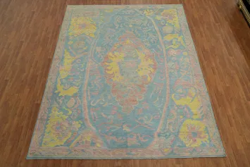 Handmade Blue Floral Oushak Vegetable Dye Area Rug 9x12