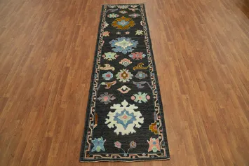 Black Floral Oushak Vegetable Dye Runner Rug 3x10