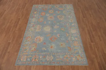 Vegetable Dye Blue Floral Oushak Turkish Area Rug 5x8