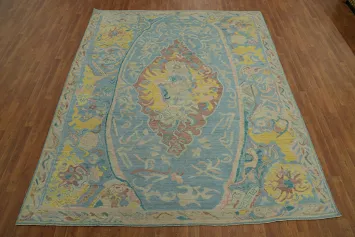 Handmade Blue Floral Oushak Vegetable Dye Area Rug 8x10