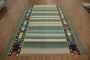 Striped Green Kilim Vegetable Dye Area Rug 9x12