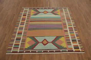 Striped Wool Kilim Square Area Rug 7x7