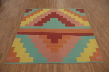 Colorful Geometric Kilim Wool Square Area Rug 8x8