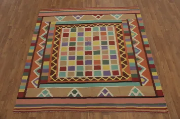 Checkered Wool Kilim Square Area Rug 6x6