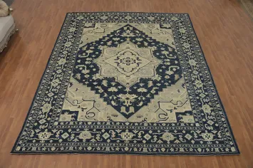 Blue Geometric Oushak Turkish Large Rug 12x15