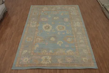 Handmade Blue Oushak Vegetable Dye Large Rug 10x14