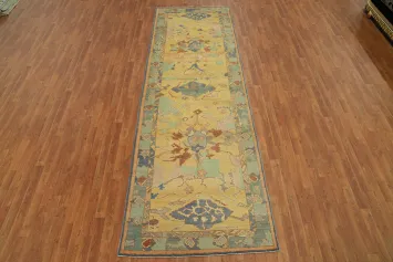 Handmade Gold Oushak Vegetable Dye Runner Rug 4x12
