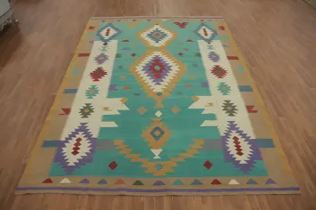 Turquoise Wool Kilim Large Area Rug 9x12