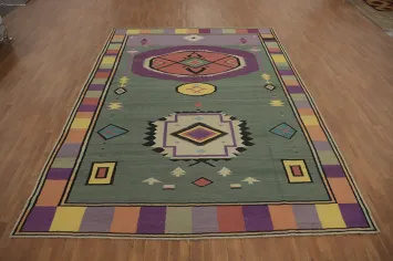 Green Wool Kilim Vegetable Dye Area Rug 9x12