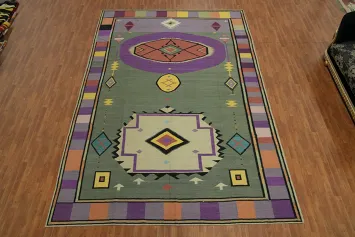 Green Wool Kilim Vegetable Dye Large Rug 10x15