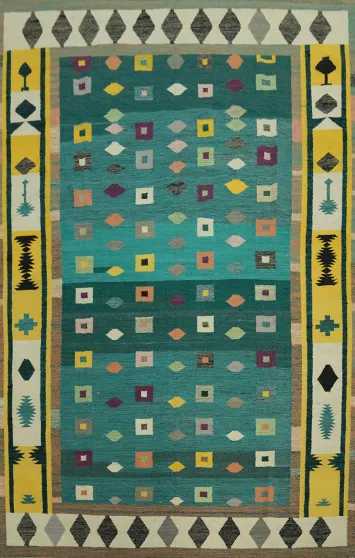 Green Geometric Kilim Vegetable Dye Area Rug 8x11