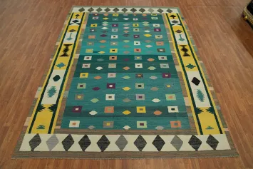 Green Geometric Kilim Vegetable Dye Area Rug 8x11