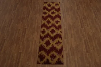 Traditional Ikat Brown and Gold Patterned Runner Rug 3x10
