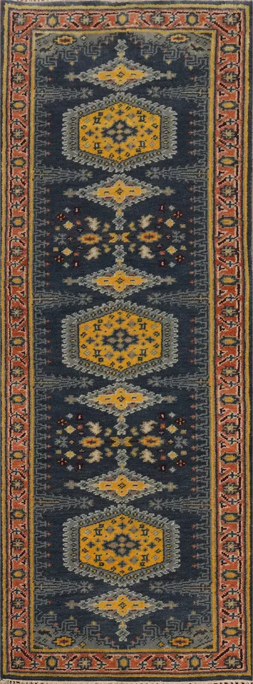 Geometric Blue Viss Indian Runner Rug 3x8