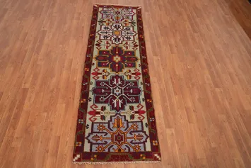 Geometric Wool Kazak Indian Runner Rug 3x8