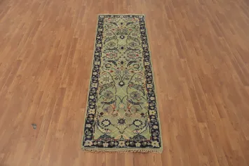 Light Green Floral Oushak Indian Runner Rug 3x8