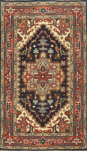 Dark Blue Geometric Heriz Serapi Indian Rug 3x5