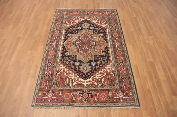 Dark Blue Geometric Heriz Serapi Indian Rug 4x6