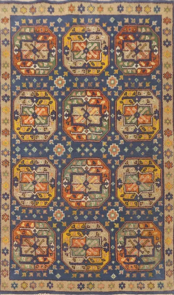 Blue Geometric Kazak Indian Rug 4x6