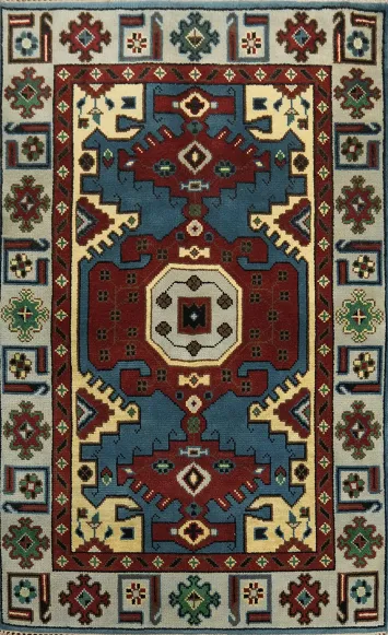 Geometric Blue Kazak Indian Rug 4x6