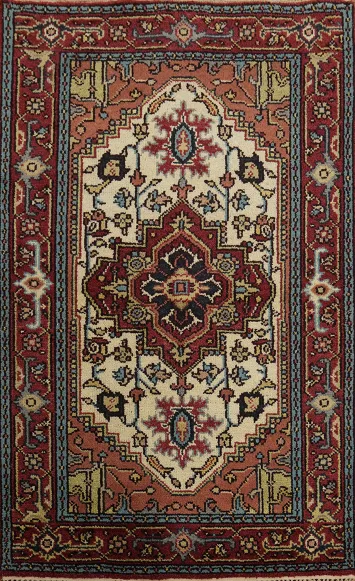 Ivory Wool Heriz Serapi Indian Rug 4x6