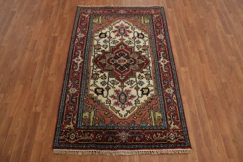 Ivory Wool Heriz Serapi Indian Rug 4x6