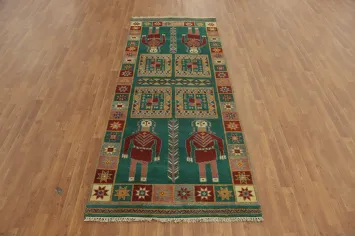 Green Wool Pictorial Kazak Indian Runner Rug 4x10