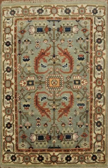 Hand-knotted Green Oushak wool rug with a floral and geometric pattern. 4x6