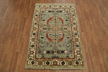 Hand-knotted Green Oushak wool rug with a floral and geometric pattern. 4x6