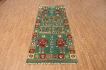 Green Wool Kazak Indian Runner Rug 4x10
