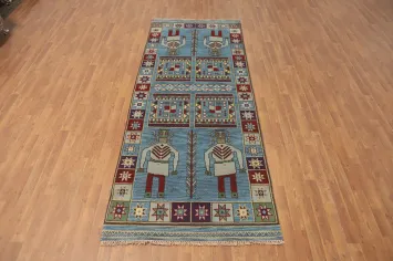 Blue Pictorial Kazak Indian Runner Rug 4x10
