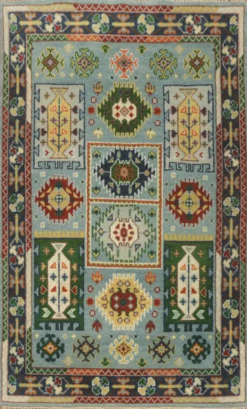 Light Blue Geometric Kazak Handmade Wool Rug 4x6