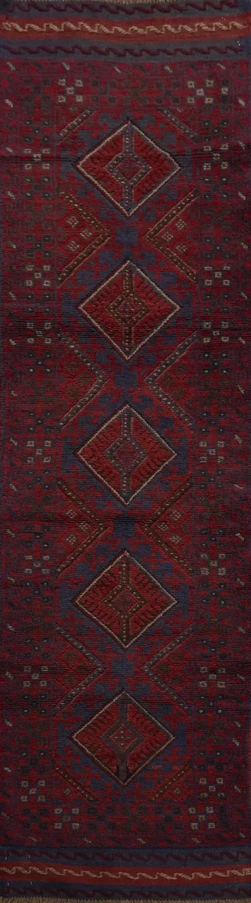 Red & Blue Wool Balouch Handmade Runner Rug 2x8
