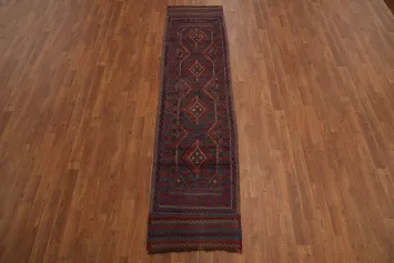 Red & Blue Wool Balouch Handmade Runner Rug 2x8