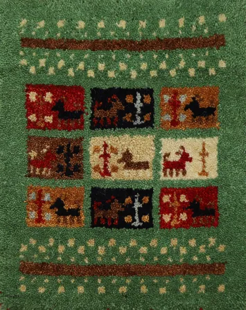 Enchanting Green Gabbeh Rug 1x1 with Playful Animal Motifs