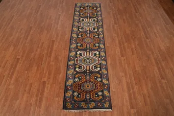 Hallway Carpet Blue Border Complex Figural Design Oriental Rug 3x10