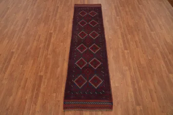 Geometric Red & Blue Balouch Afghan Runner Rug 2x8
