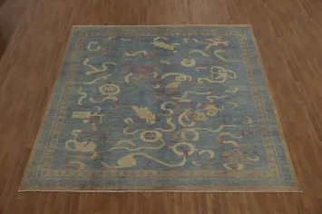 Handmade Blue Art Deco Living Room Square Rug 10x10