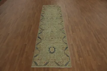 Handmade Green Oushak Vegetable Dye Runner Rug 3x12