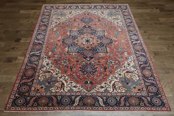 Vegetable Dye Red Blue and Pink Geometric Heriz Persian Area Rug 9x12