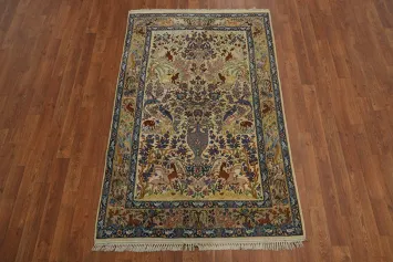 Vegetable Dye Silk Animals Isfahan Persian Rug 4x7