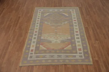 Muted Pastel Geometric Patterned Kilim Rug 5x7