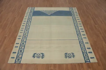 Rustic Blue and Cream Geometric Patterns Area Rug 6x8