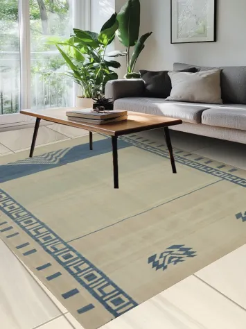 Elegant Blue and Beige Geometric Patterned Kilim Area Rug 6x8