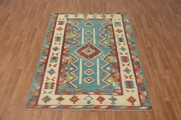 Light Blue Geometric Kilim Flat Weave Rug 5x7