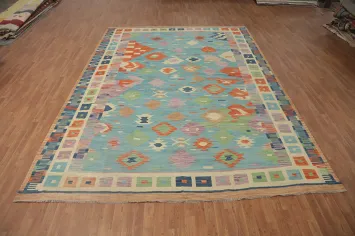 Light Blue Kilim Flat Weave Large Area Rug 10x13