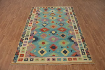 Light Blue Wool Kilim Flat Weave Area Rug 7x10